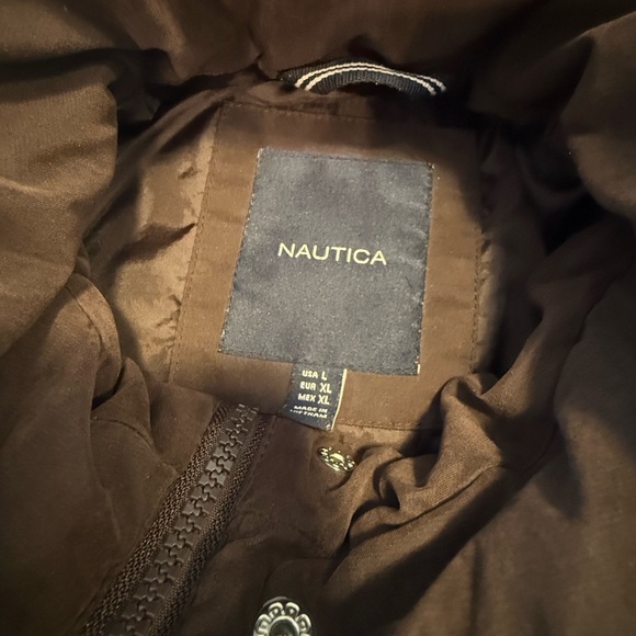 Nautica quilted brown removable hoodie coat zip snaps pockets SZ LG - Picture 7 of 13